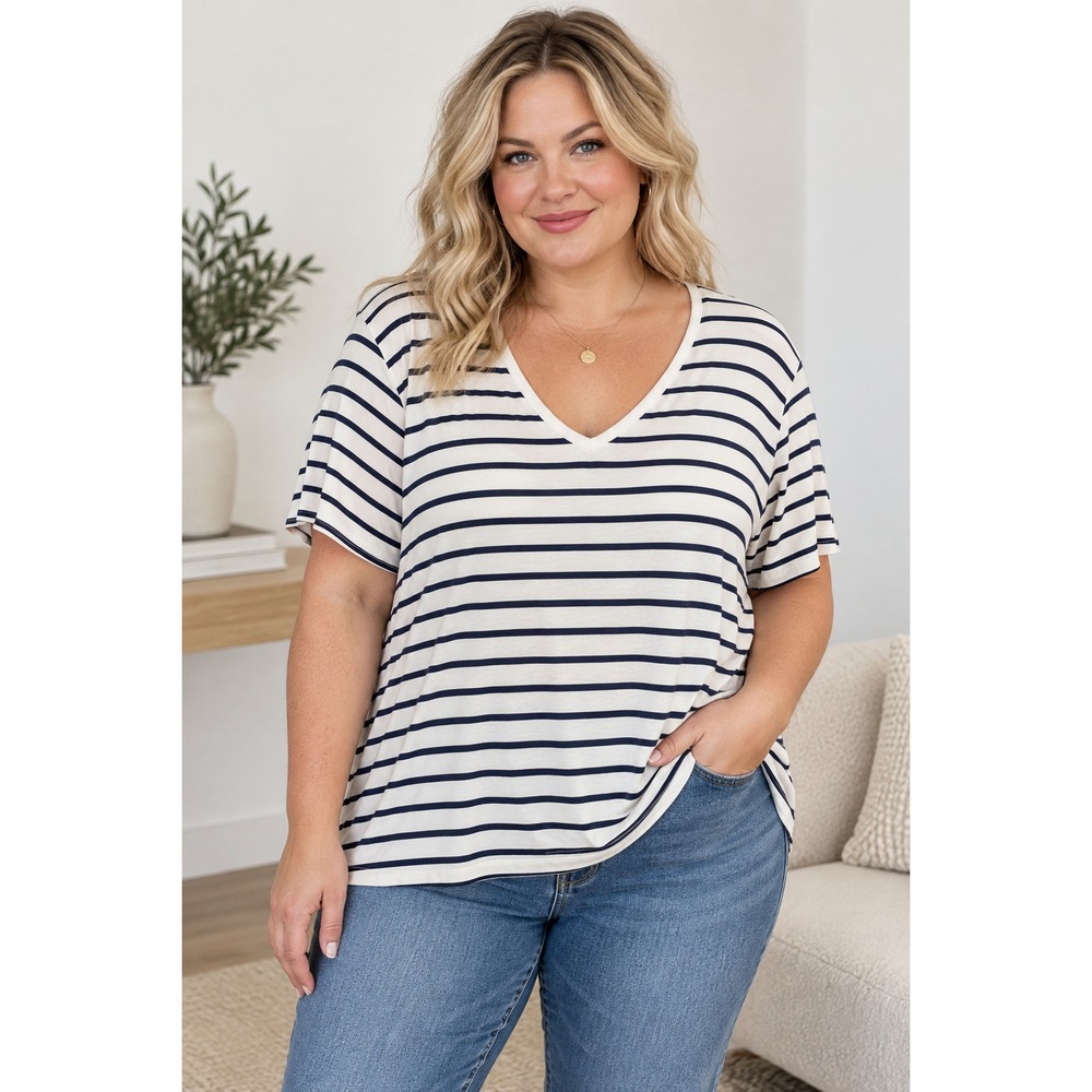 Old NavyOld Navy Luxe XXL Navy Ivory Stripe V Neck Top Plus Size Relaxed Drapey
